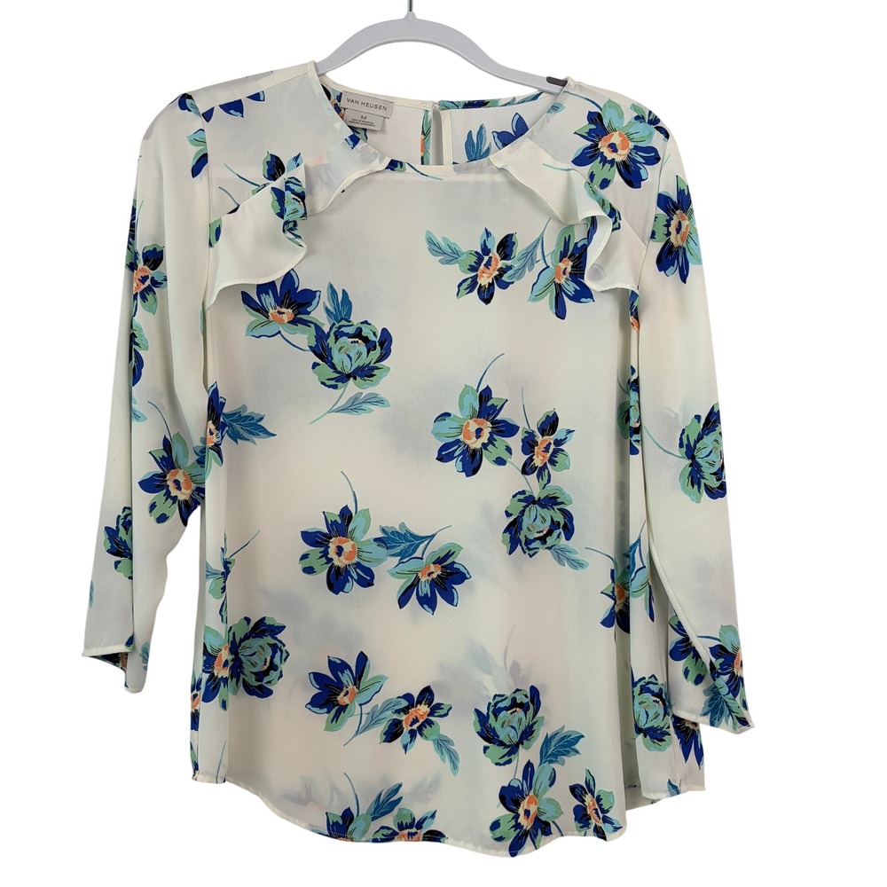 Van Heusen Floral Ruffle Blouse Medium White Blue